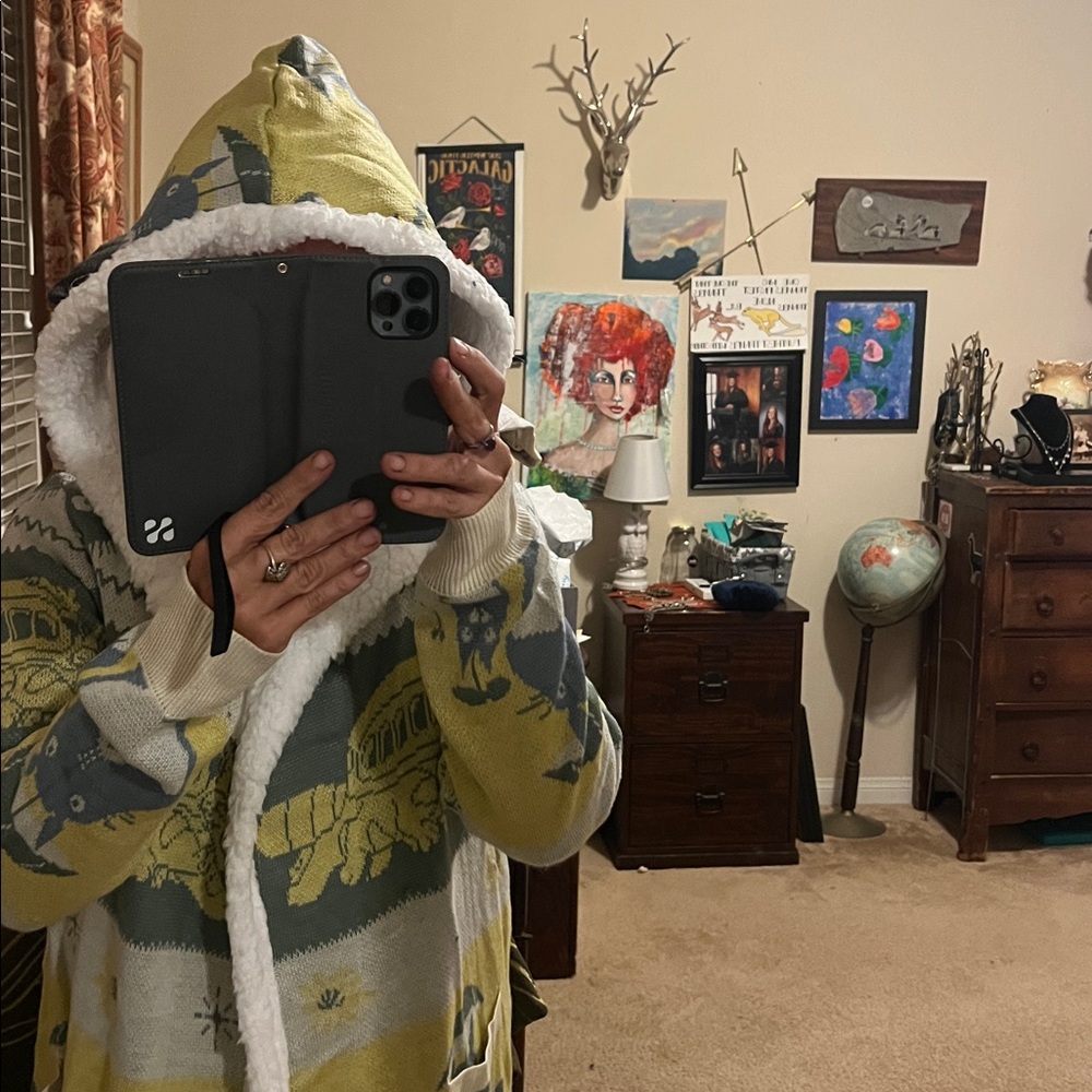 Studio Ghibli My Neighbor Totoro Fair Isle Sherpa Cardigan Yellow Blue hooded - Picture 5 of 8